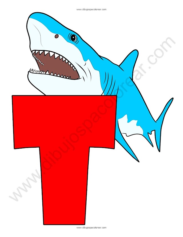 Letra T Tiburón abecedario dibujo a color y para colorear